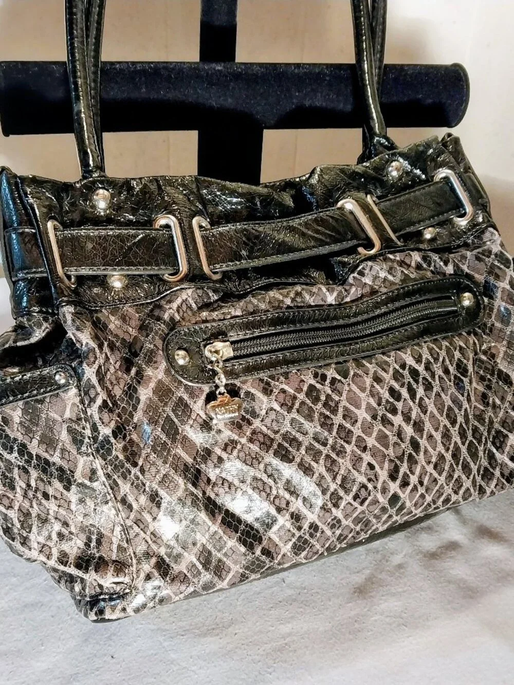 VTG Kathy Van Zeeland  Croc Leopard Snake Print Mixed Media Hobo Shoulder Bag